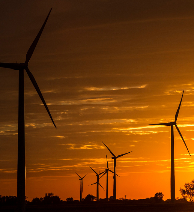 Wind turbines in a field with sun setting in the background